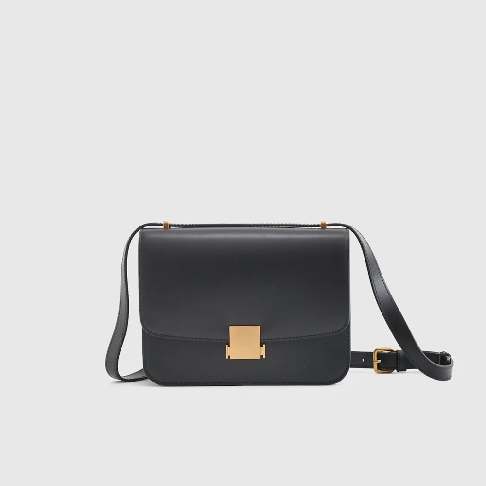 Quince Italian Leather Box Shoulder Bag Black